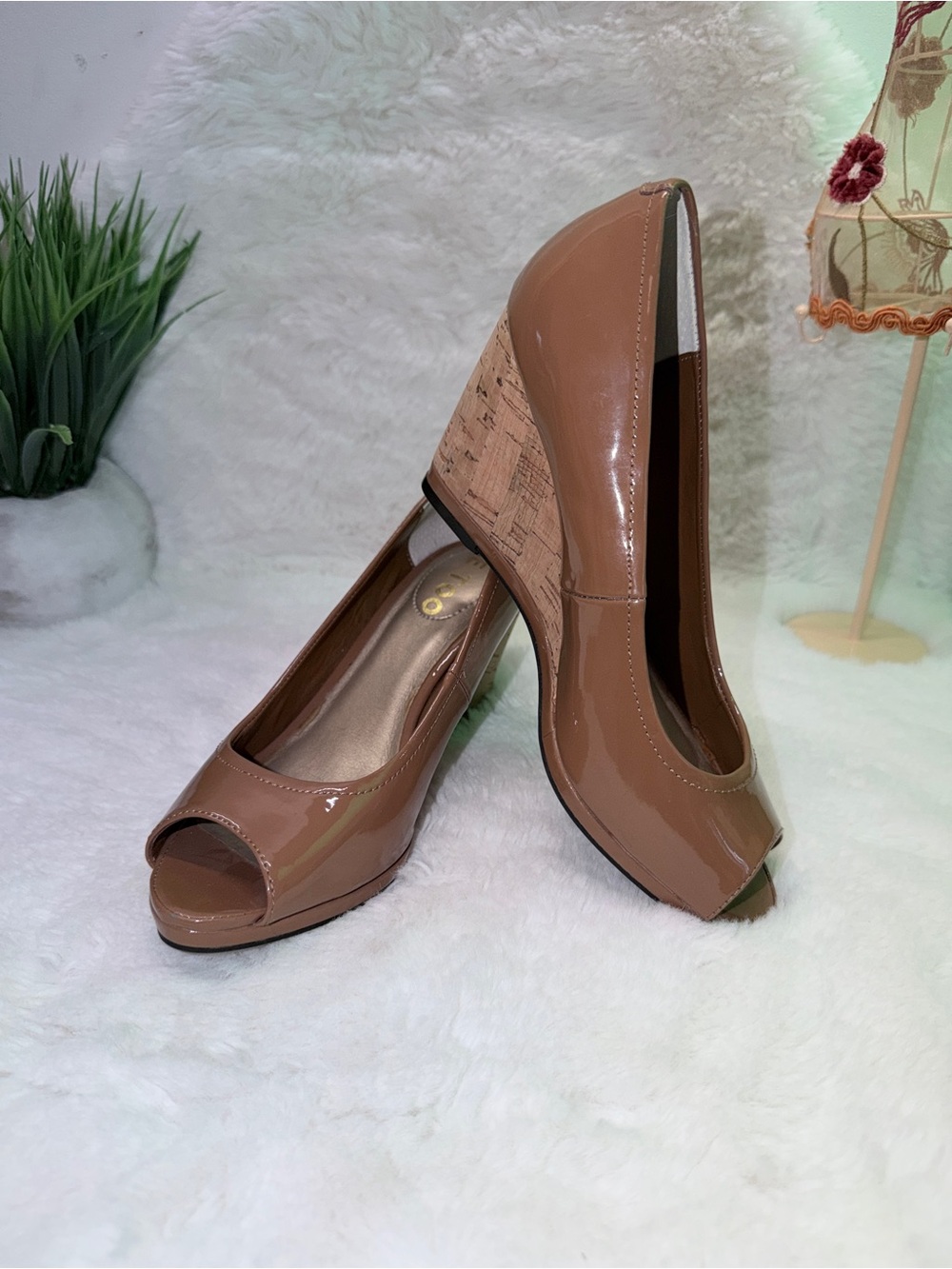 Classic Patent Peep-Toe Wedding Guest Ready Wedge Pumps - Nude with Cork Heels 👠